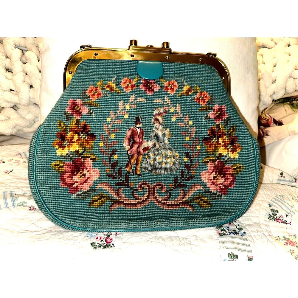 SHOWPIECE! NEVER USED VINTAGE 50's TEAL NEEDLEPOINT & PETITPOINT LEATHER BAG